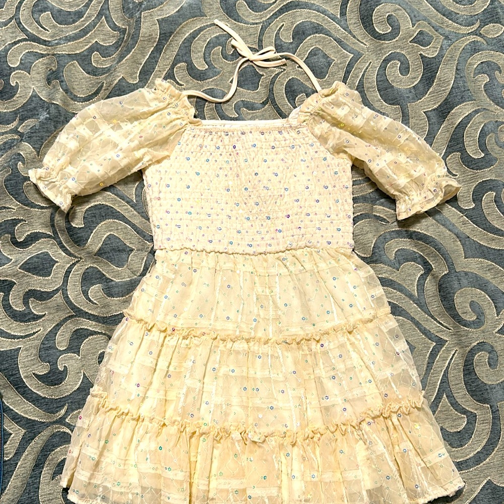 Girls 5 Sleeveless Denim Vest & Sequin-Embellished Floral Chiffon Fit-And-Flare - Picture 4 of 5